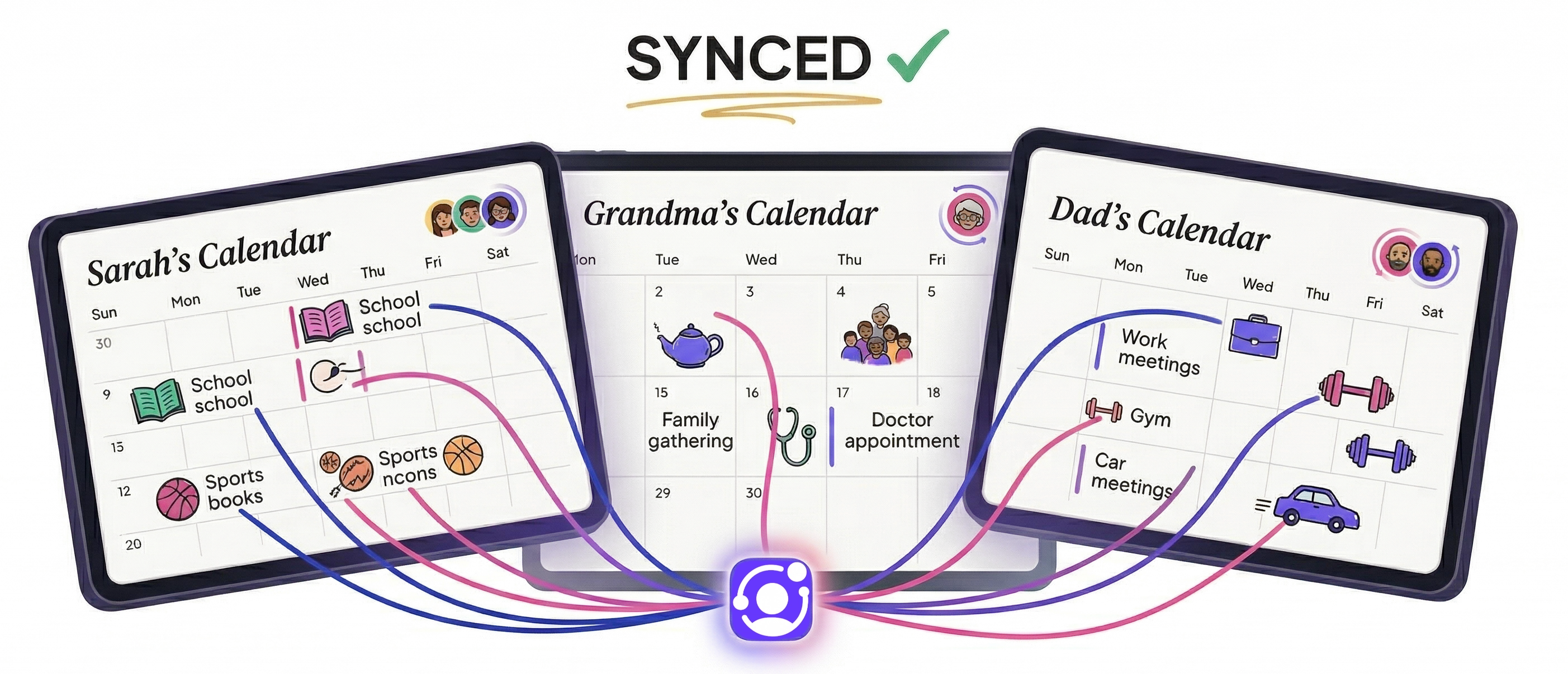 Three family calendars synced together through Kivu
